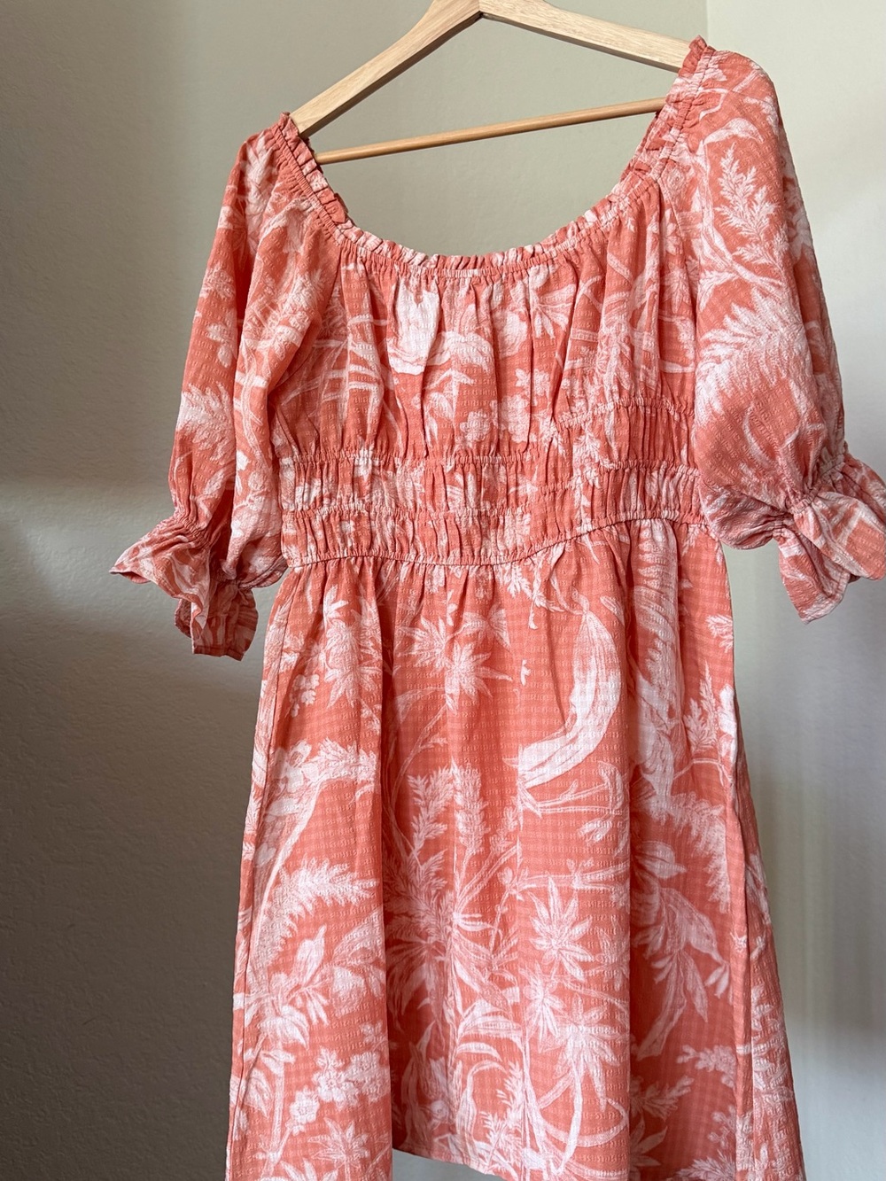 Coral Tropical Print Dress - Lightweight Smocked Bodice
